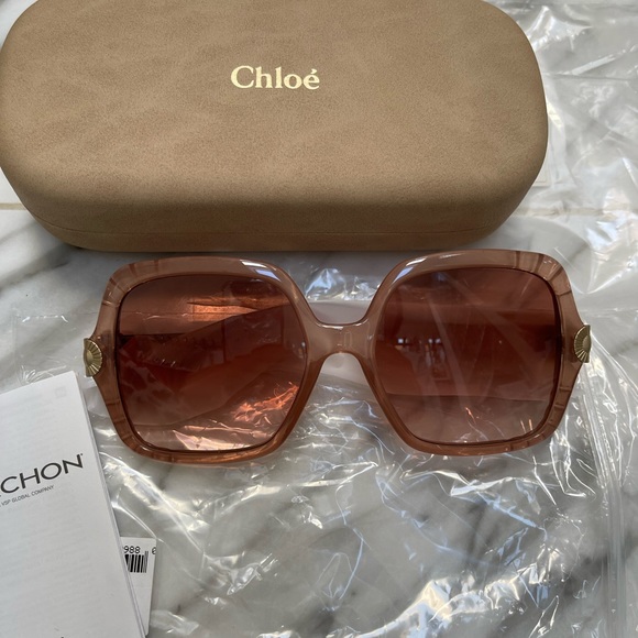 CHLOE SCALLOPED NUDE PINK TRANSPARENT SQUARE SUNGLASSES SUN  HEART MOTIF HINGES - Picture 15 of 16